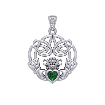 Irish Celtic Claddagh Silver Pendant with Gemstone TPD5905 - Jewelry